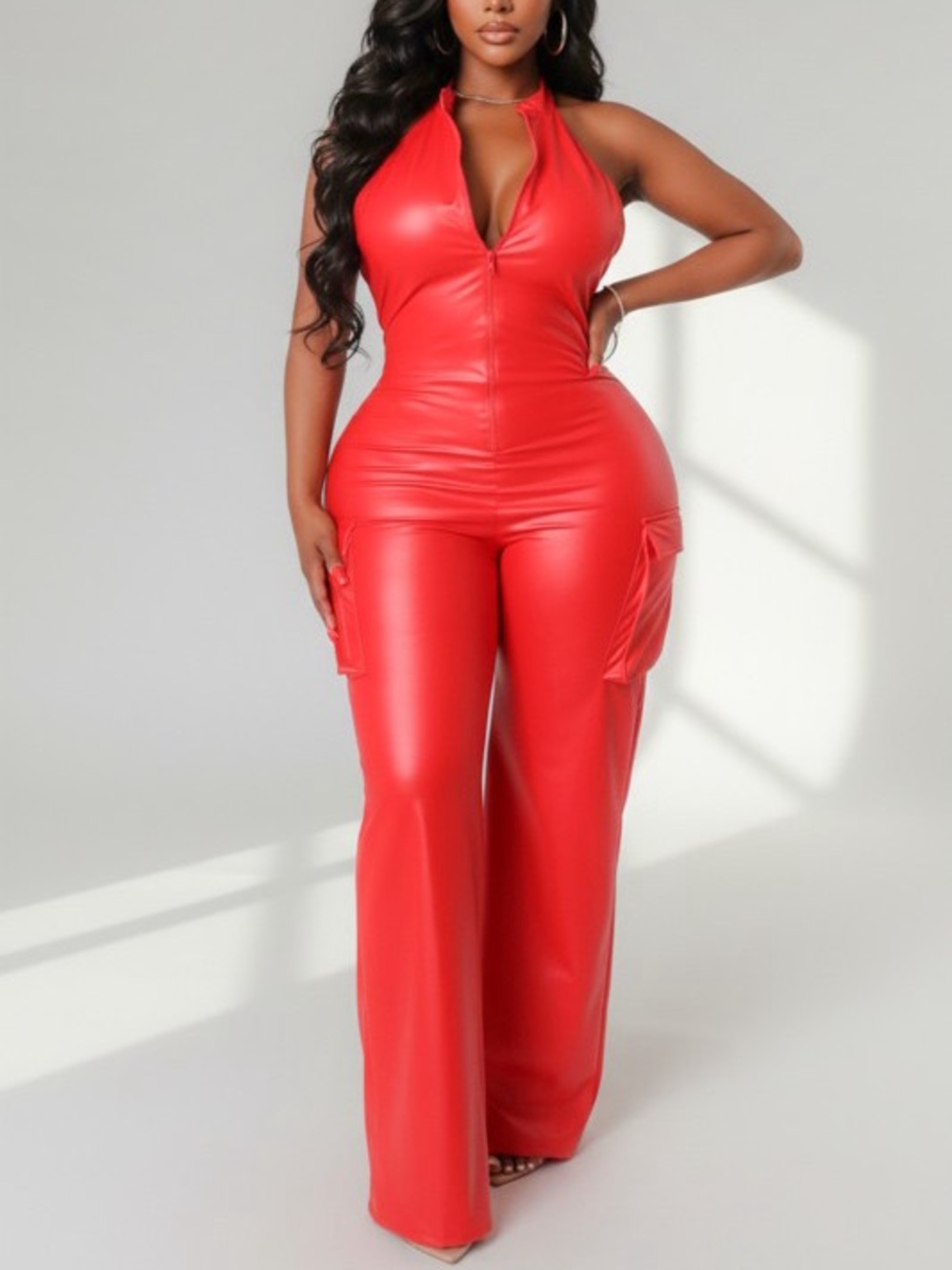 Red Faux-Leather Wide-Leg Jumpsuit A-07650